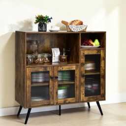Kitchen Sideboard Cabinet Rustic Brown Buffet Storage Cabinet With Glass Doors & Adjustable Shelves - thumbnail 4