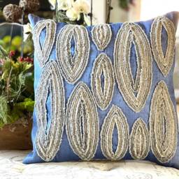 Handmade Abaca Throw Pillow Blue Beaded Accent Cushion - thumbnail 2