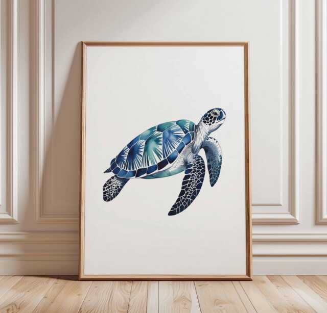 Tropical Sea Turtle Poster Print, Blue Palm Ocean Wall Art, Coastal Animal Decor, Watercolor Beach House Style, Unframed Artwork - image 1