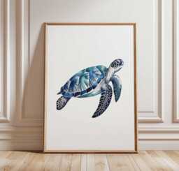 Tropical Sea Turtle Poster Print, Blue Palm Ocean Wall Art, Coastal Animal Decor, Watercolor Beach House Style, Unframed Artwork - thumbnail 1