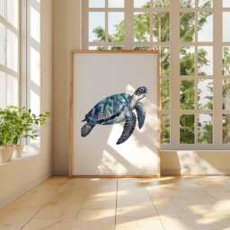 Tropical Sea Turtle Poster Print, Blue Palm Ocean Wall Art, Coastal Animal Decor, Watercolor Beach House Style, Unframed Artwork - thumbnail 3