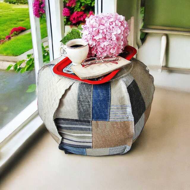 Vintage Style Patchwork Ottoman Pouf Cover Handmade Denim & Cotton - image 1