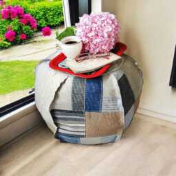 Vintage Style Patchwork Ottoman Pouf Cover Handmade Denim & Cotton - thumbnail 4