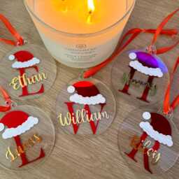 Personalized Clear Christmas Bauble Initial & Name, Santa Hat - thumbnail 3