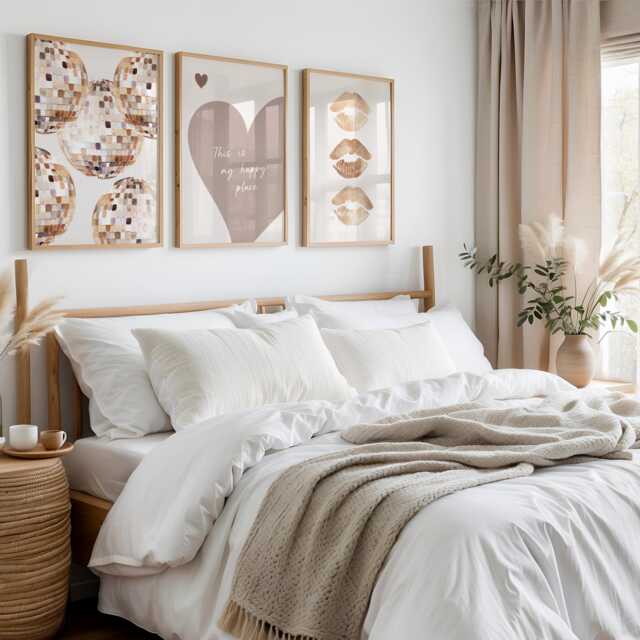Set Of 3 Prints Neutral Beige Wall Art Heart Print Happy Place Poster Disco Ball Bedroom Living Room Lipstick Lips Trendy Pictures - image 1