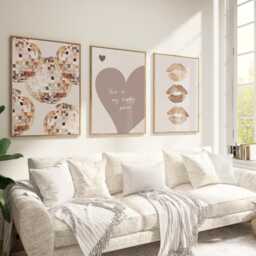 Set Of 3 Prints Neutral Beige Wall Art Heart Print Happy Place Poster Disco Ball Bedroom Living Room Lipstick Lips Trendy Pictures - thumbnail 2
