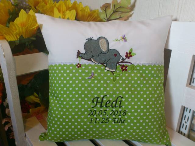 Pillow With Name For Birth - Elephant Green Hearts - image 1