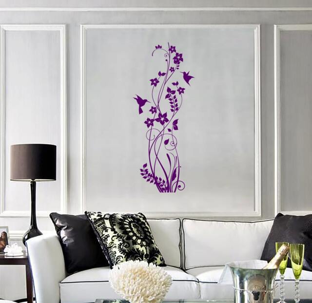 Wall Vinyl Decal Floral Ornament Colibri Bird Hummingbird Flower Modern Romantic Abstract Home Art Decor - #1236Di - image 1