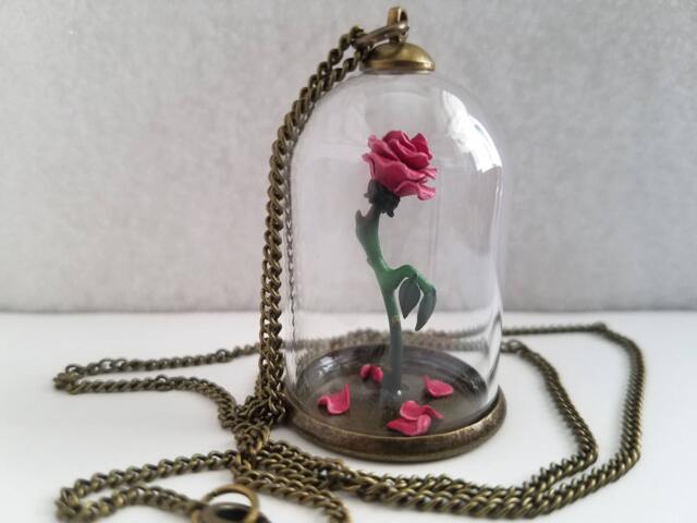 Enchanted Rose Necklace, Polymer Clay Miniature, Beauty & The Beast Dome - image 1