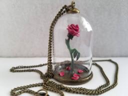 Enchanted Rose Necklace, Polymer Clay Miniature, Beauty & The Beast Dome - thumbnail 1
