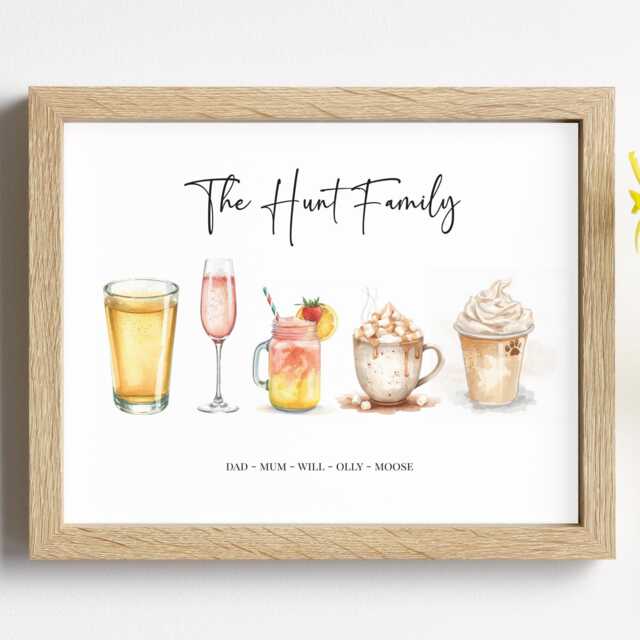 Personalised Family Drinks Print - Custom Favourite Poster Watercolour Drink Illustration Kitchen Wall Art Unique Gift - image 1