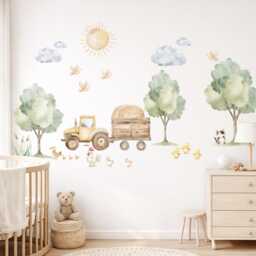 Vinyl Wall Decal Watercolor Farm Nursery Decor Yellow Tractor Animal Peel & Stick Mural - thumbnail 2