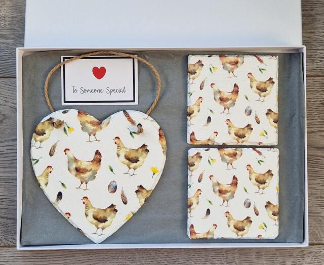 Decoupage Chicken Slate Wall Hanging With Coasters Farmhouse Decor - image 1