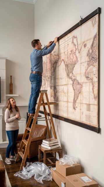 Giant World Map Canvas Painting Reclaimed Wood & Steel Wall Art - image 1