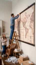 Giant World Map Canvas Painting Reclaimed Wood & Steel Wall Art - thumbnail 1