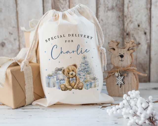 xl Personalised Blue Teddy Bear Santa Sack, Christmas Gift Bag, Father Christmas, Traditional Stocking, First - image 1