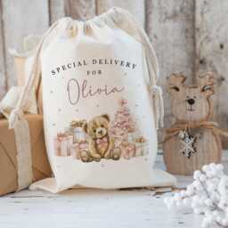 xl Personalised Blue Teddy Bear Santa Sack, Christmas Gift Bag, Father Christmas, Traditional Stocking, First - thumbnail 2