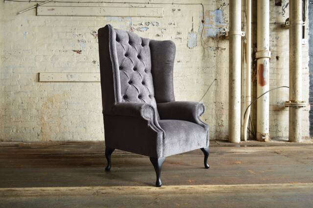 British Handmade Slate Grey Velvet Chesterfield Highback Wing Chair - image 1