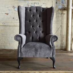 British Handmade Slate Grey Velvet Chesterfield Highback Wing Chair - thumbnail 2
