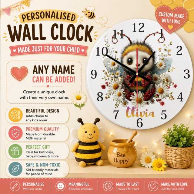 Personalised Flower Bee Wall Clock - Nursery & Kids Room Decor Gift For Children - image 1