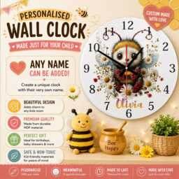 Personalised Flower Bee Wall Clock - Nursery & Kids Room Decor Gift For Children