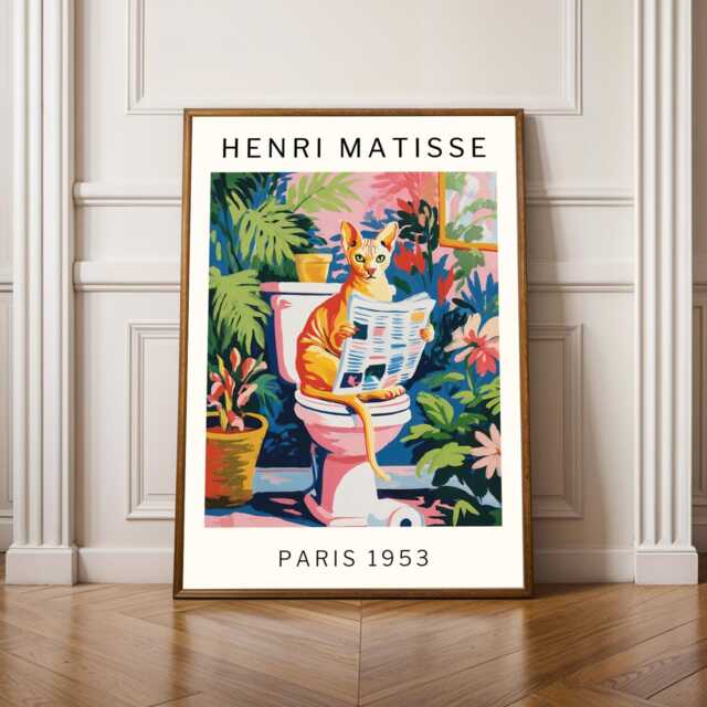 Funny Cat Wall Art Matisse Inspired Bathroom Poster Sphynx On Toilet Quirky Print Gift For Lovers Guest Restroom Decor - image 1