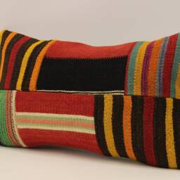 Turkish Kilim Pillow Cover, Wool Patchwork Lumbar Cushion - 12x20 In - thumbnail 3