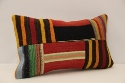 Turkish Kilim Pillow Cover, Wool Patchwork Lumbar Cushion - 12x20 In