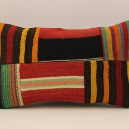 Turkish Kilim Pillow Cover, Wool Patchwork Lumbar Cushion - 12x20 In - thumbnail 2
