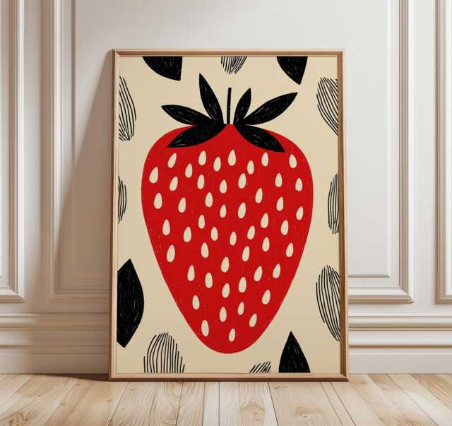 strawberry Poster, Modern Minimalist Fruit Art Print, Bold Red Kitchen Wall Art, Retro Graphic Decor, Scandinavian Food Artwork - image 1