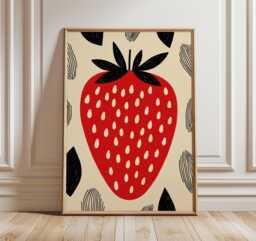 strawberry Poster, Modern Minimalist Fruit Art Print, Bold Red Kitchen Wall Art, Retro Graphic Decor, Scandinavian Food Artwork - thumbnail 1