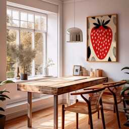 strawberry Poster, Modern Minimalist Fruit Art Print, Bold Red Kitchen Wall Art, Retro Graphic Decor, Scandinavian Food Artwork - thumbnail 3