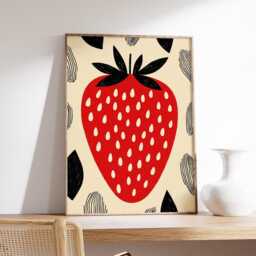 strawberry Poster, Modern Minimalist Fruit Art Print, Bold Red Kitchen Wall Art, Retro Graphic Decor, Scandinavian Food Artwork - thumbnail 2