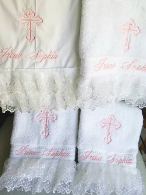 Personalized Baptism Towels & Oil Sheet For Greek Orthodox Baptism, Bath Towel, Embroidered With Lace - image 1