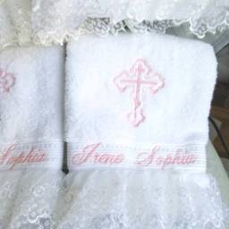 Personalized Baptism Towels & Oil Sheet For Greek Orthodox Baptism, Bath Towel, Embroidered With Lace - thumbnail 3