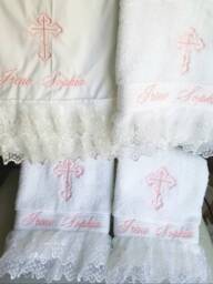 Personalized Baptism Towels & Oil Sheet For Greek Orthodox Baptism, Bath Towel, Embroidered With Lace