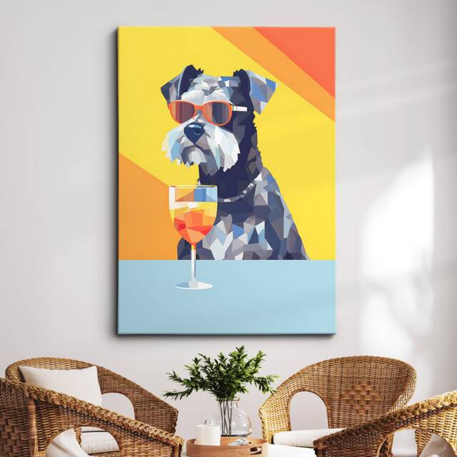 Miniature Schnauzer Drinking With Glasses Painting Framed Poster Print & Canvas Wall Decor Art Bedroom Home Interior Dog Lover Gift - image 1