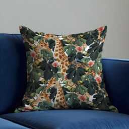 Giraffe Jungle Cushion Cover, Safari Animal Pillow Case, Figs & Foliage Tropical Botanical Throw Cover - thumbnail 3