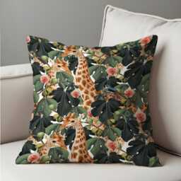 Giraffe Jungle Cushion Cover, Safari Animal Pillow Case, Figs & Foliage Tropical Botanical Throw Cover - thumbnail 4