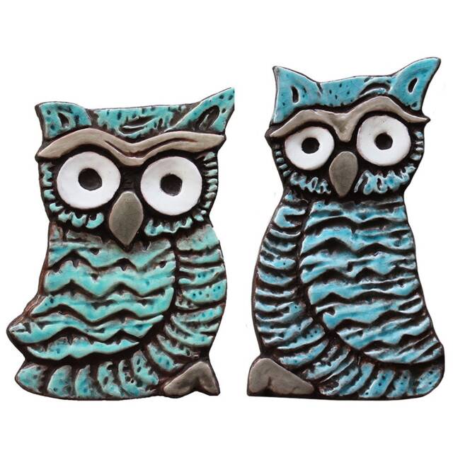 Ceramic Owl Garden Sculpture, Turquoise Jade Wall Decor, Handmade in Spain - image 1