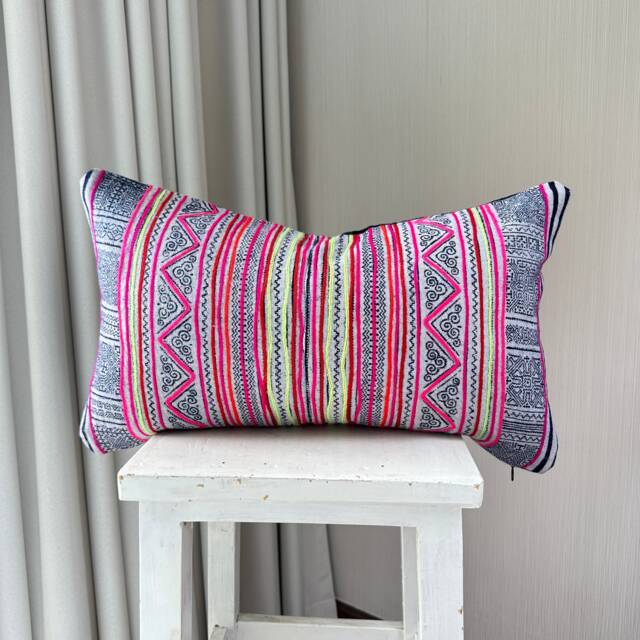 "Vintage Hmong Pillow Cover Hand Block Print Hemp Cushion - 12"" X 20" - image 1