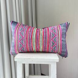"Vintage Hmong Pillow Cover Hand Block Print Hemp Cushion - 12"" X 20" - thumbnail 1