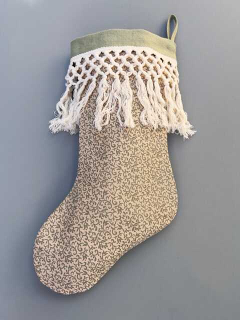 Linen Farmhouse Cottage Christmas Stocking With Sage Green Ivy Print & Cotton Tassel Fringe - image 1