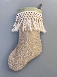 Linen Farmhouse Cottage Christmas Stocking With Sage Green Ivy Print & Cotton Tassel Fringe - thumbnail 1