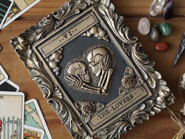 Handmade Lovers Tarot Card Plaque Gothic Black & Gold Sculpture - image 1