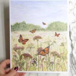 Monarch Meadow - Watercolor Flowerscape Print Artwork 100% Cotton Rag Paper Pressed Flowers Mixed Media Art - thumbnail 3