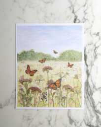 Monarch Meadow - Watercolor Flowerscape Print Artwork 100% Cotton Rag Paper Pressed Flowers Mixed Media Art - thumbnail 1