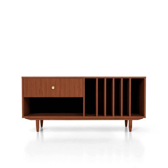 Record Player Stand With Vinyl Storage Made Of Solid Oak Wood Vaneer - Wooden Tv Cabinet in Teak - Livloeu T-S12 - image 1