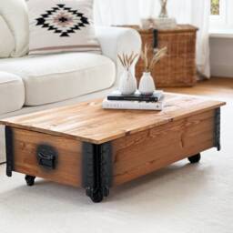 Uncle Joe's Coffee Table Chest Wooden Box Vintage Shabby Chic Brown Living Room Castors Solid Wood Pine Retro Industrial - thumbnail 2