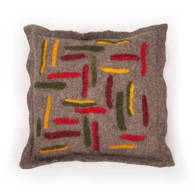 Felted Wool Throw Pillow Cover Grey With Red, Green, Yellow Accents - 20x20 Inch - image 1